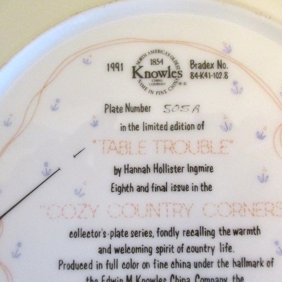 1991 Edwin M Knowles Cozy Country Corners Table Trouble Cat Plate Ltd Edition - Picture 9 of 10